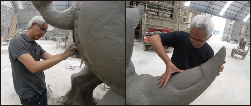 Shih Li-Jen shaping the rhinoceros sculpture in the studio