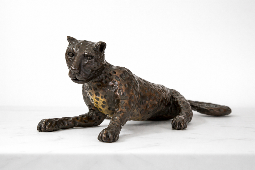 Shih Li-Jen Leopard bronze sculpture resting pose