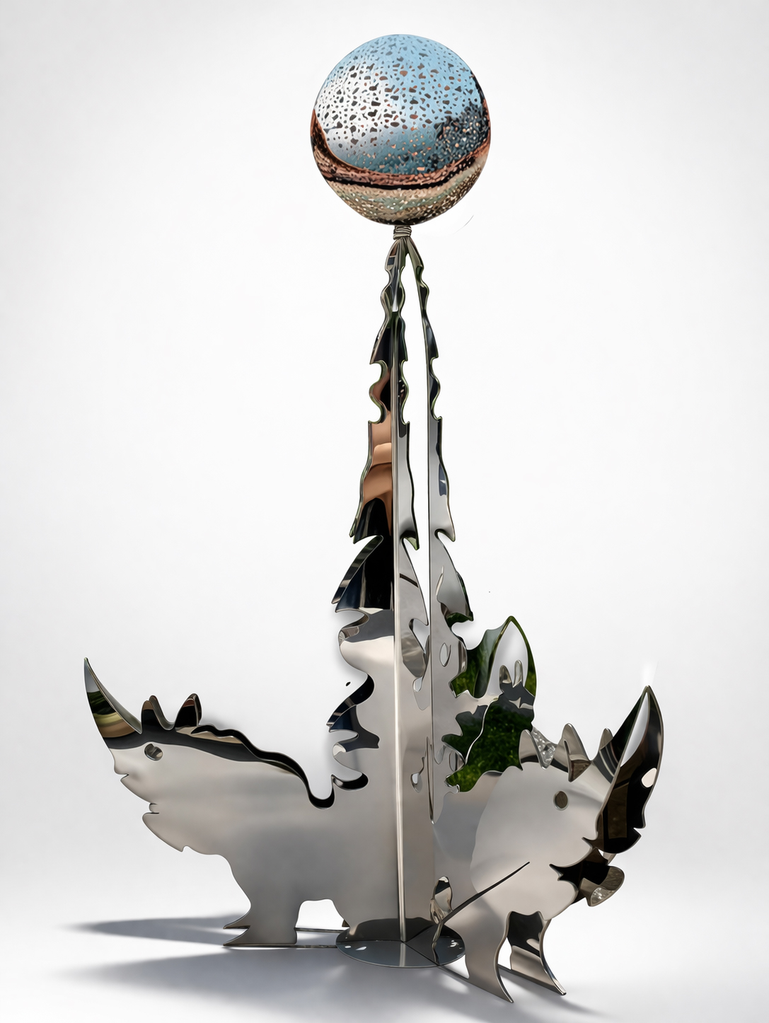 Rhino Ecosystem, mirrored stainless steel sculpture integrating rhinoceros, forest, void, and spatial reflection