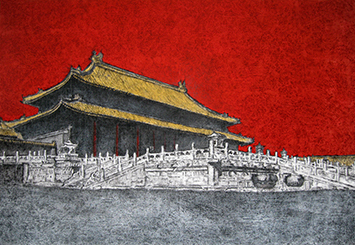 Jeong Jin-Yong 鄭真蓉｜SQUARE-The Red Sky, a Majesty｜Acrylic gouache and crystal bead on canvas｜190 × 140 cm｜2008