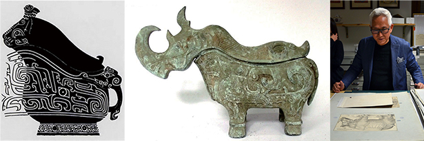 Chinese rhinoceros cultural artifacts and SHIH Li-Jen viewing Dürer’s 1515 Rhinoceros print in Bassano del Grappa
